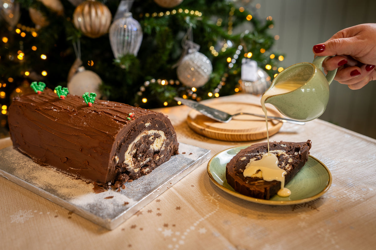 Marshall's handmade Mint Yule Brownie Log with rich chocolate coating and creamy mint centre