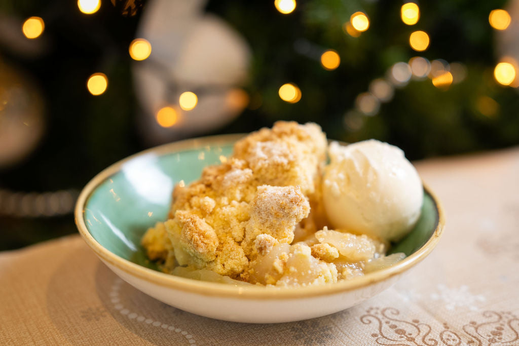 Marshall's homemade apple crumble with golden buttery crumble topping